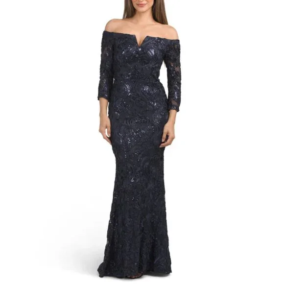 chinese dress ladies Xscape Women's One-Shoulder Soutache Lace Gown - Sage/Gold